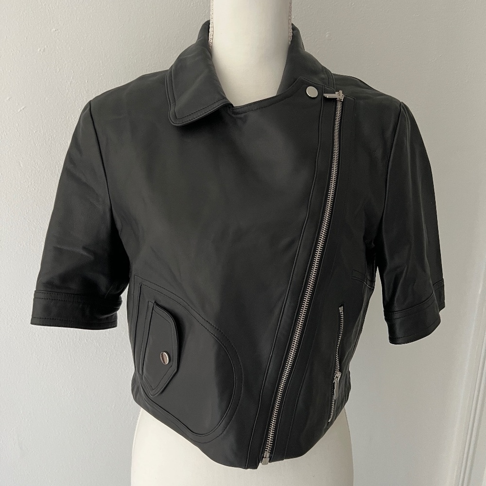 Michael Kors Collection Italy Black Leather Cropped Short Sleeve Jacket Sz 8